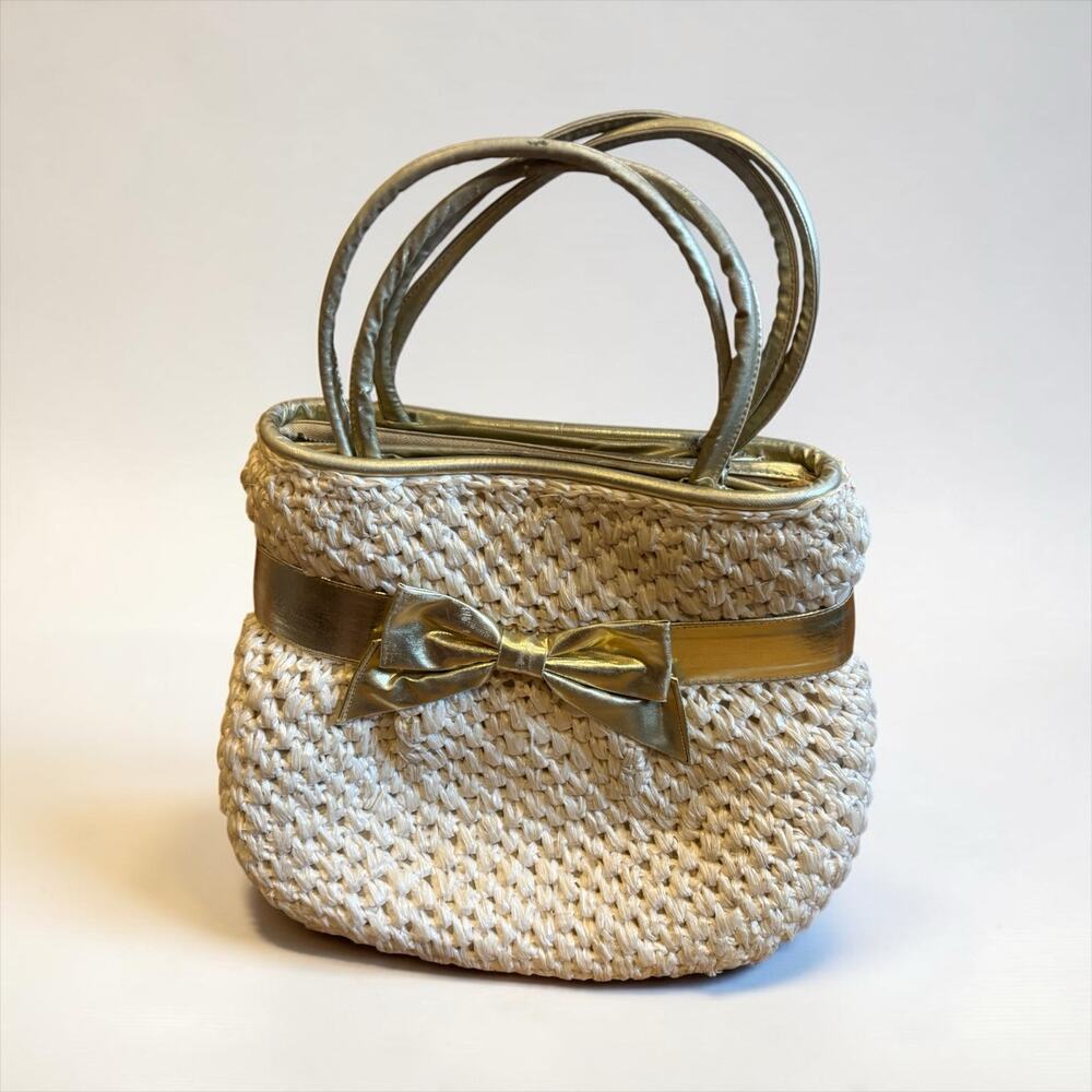 Vintage Gaymode Japan White Woven Straw Handbag Gold Bow Top Handle Purse